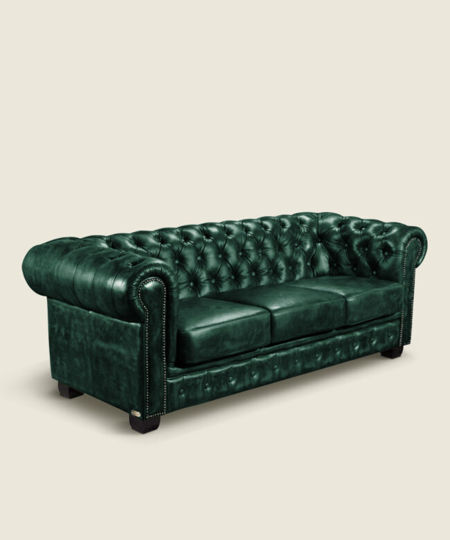 Καναπές Camden Chesterfield τριθέσιος δερμάτινος σε χρώμα πράσινο αντικέ